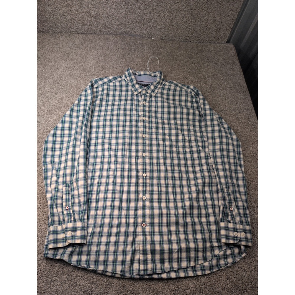 Tommy Hilfiger Mens‎ XXL Classic Fit Plaid Button Down Shirt Green Blue 0104772